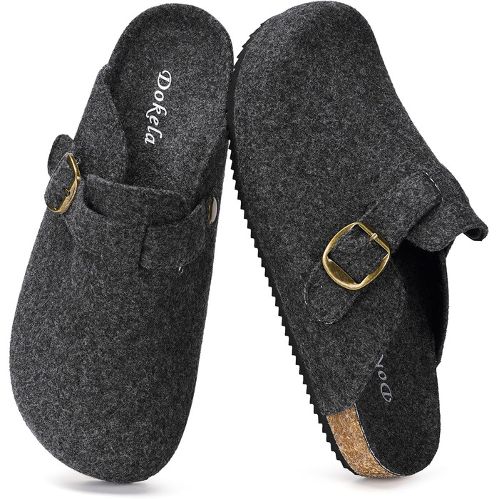 Домашні тапочки Dokela для жінок та чоловіків: зимові клоги з підкладкою, утеплені фетрові тапочки, тепле устілка з корку, зручні шкіряні шльопанці, антиковзаючі, замкнені (42 EU, темно-сірий)