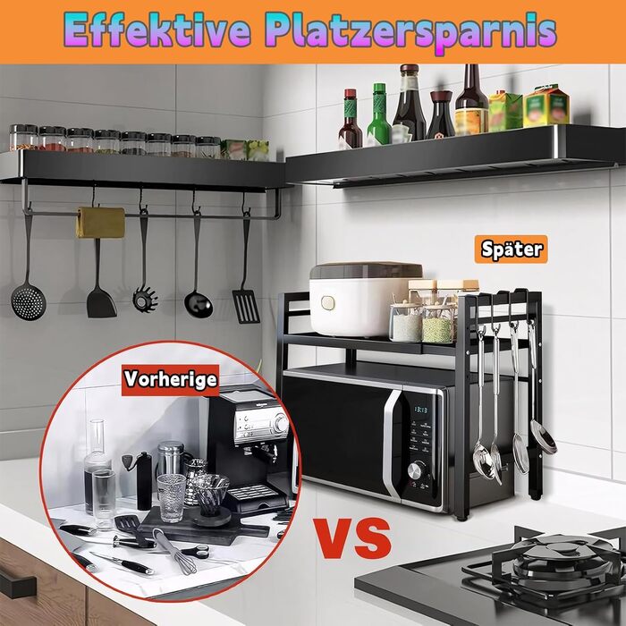 Розширювана полка для мікрохвильової печі, 2 яруси з 6 гачками, телескопічна полка для кухні 42-64 см, органайзер для спецій та кухонного приладдя (Чорний)