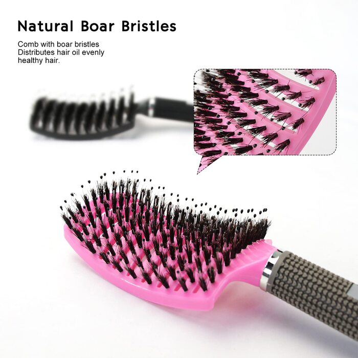 Двопакетна щітка для волосся (чорний та фіолетовий) з щетиною дикого кабана - безшумна, розподіляє олію для волосся, розгладжує пух, дихаюча та прискорює сушіння. Фіолетова поп-щітка (рожева поп-щітка)