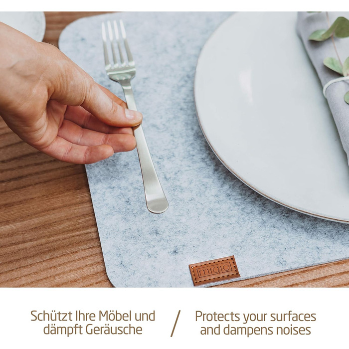 MIQIO® Design Felt Placemats Washable | With Branded Genuine Leather Label | Washable Placemats | Light Gray Melange | Felt Mat Placemats Wipeable (Set for 8 People)