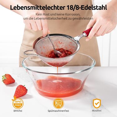 U-Taste дрібносітчасте кухонне сито з нержавіючої сталі 18/8, середнє металеве сито з міцною заклепкою і силіконовою ручкою, для просіювання борошна, зціджування чаю, рису, кіноа, червоне, 12 см