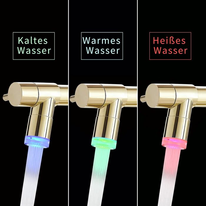 Змішувач кухонний LED Chrome з висувною лійкою, 360° поворот, 2 виходи, високий тиск (золотий)