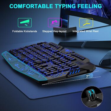 Ігровий набір клавіатури та миші: 114 клавіші QWERTZ DE, LED підсвічування, ергономічна миша з 4 кольорами, великий килимок, USB для PC/PS5/Xbox