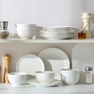 Набір посуду Malacasa Leila для 6 осіб, 24-елементний сервіз з порцеляни з ручним рельєфним дизайном, білий. Підходить для мікрохвильової печі та мийки посуду.