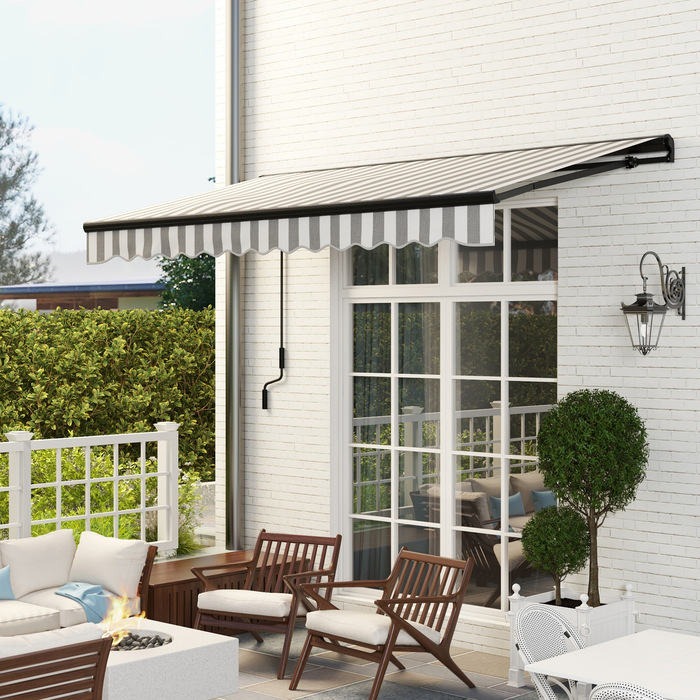 Маркіза Balkonmarkise від Outsunny, 350 x 250 x 150 см, стійка до УФ-випромінювання UV30+, з дистанційним керуванням, ручним механізмом, регульована касетна маркіза, сіра+біла | Aoso