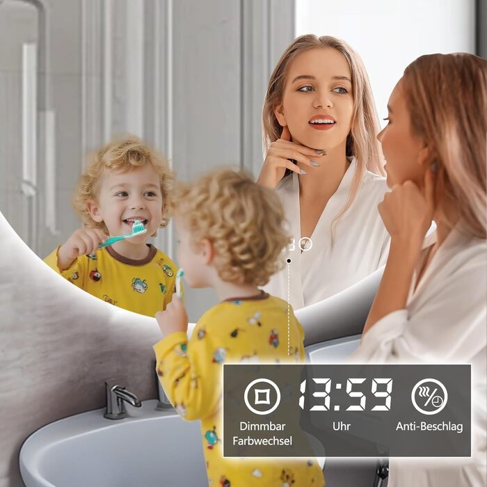 Дзеркало для ванної кімнати з підсвічуванням 70 см, LED дзеркало для ванної з підсвічуванням, 3 кольори світла, антизапар, регульована яскравість, сенсорне керування, функція пам'яті, кругле, водонепроникність IP44, 60x60 см