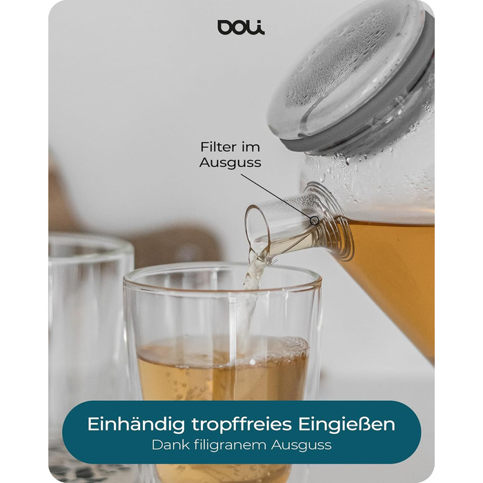 Скляний чайник Doli 1,5 л з сіткою з нержавіючої сталі, чорний — для гарячих та холодних напоїв, підходить для посудомийки, BPA-free