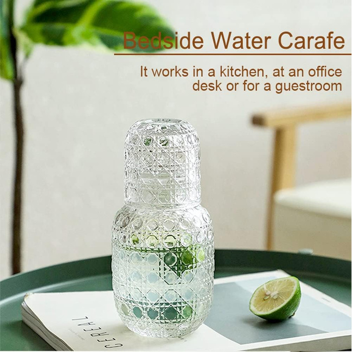 Vintage Water Carafe, Nightstand Water Carafe and Glass Set, Carafe with Glass Beaker for Nightstand, Thick Glass Mouthwash Decanter for Bedroom, Guest Room, Bathroom, Kitchen, 440ml (Transparent)
