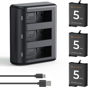 Акумулятор K&F Concept OSMO Action 5 2100mAh + Зарядний пристрій 3-слотовий + Експрес-кейс для карт, сумісний з DJI OSMO Action 5 Pro, Action 4, Action 3 та Osmo 360