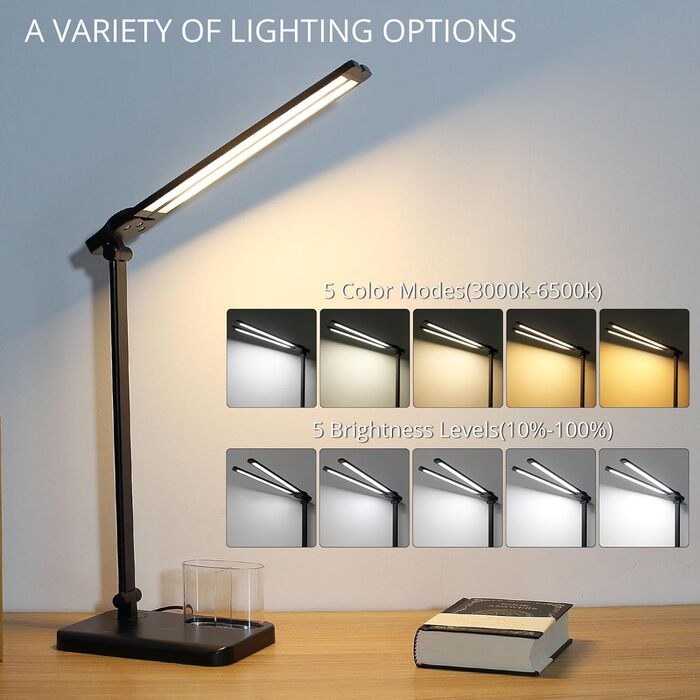 iVict LED лампа для столу з двома регульованими важелями, сенсорне керування, 5 режимів яскравості, таймер автовимкнення на 45 хвилин, USB-порт для зарядки, функція пам'яті, для дітей, білий (чорний)