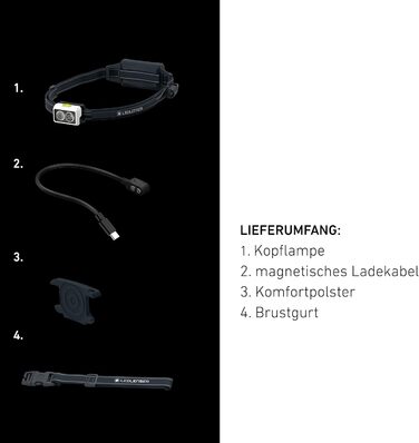 Ліхтарик налобний Ledlenser NEO5R для бігу, 600 лм, акумуляторний, з червоним заднім світлом, відбиваючий ремінець, грудний ремінь, поворотна голівка, чорний/сірий