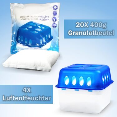 XXL Set: 4 x Dehumidifier Boxes with 20 Refill Packs, Room Dehumidifier, Moisture Stopper with Granule Bags (4 x Box + 20 x Refill Pack 400g)
