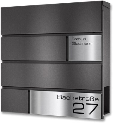 Поштова скринька Metzler G антрацит, порошкове покриття RAL 7016, гравіювання, табличка з нержавіючої сталі, настінний монтаж, 37x37x10.5 см