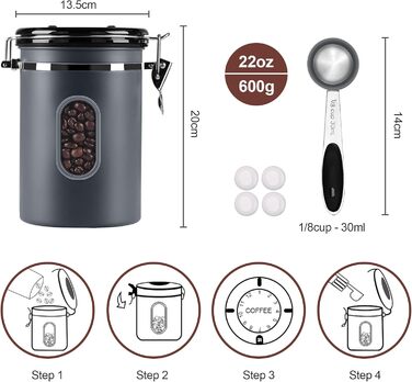Контейнер для кави Rocky & Chao з нержавіючої сталі 1.8L, герметичний, з вікном, для кавових зерен, чаю, горіхів, какао