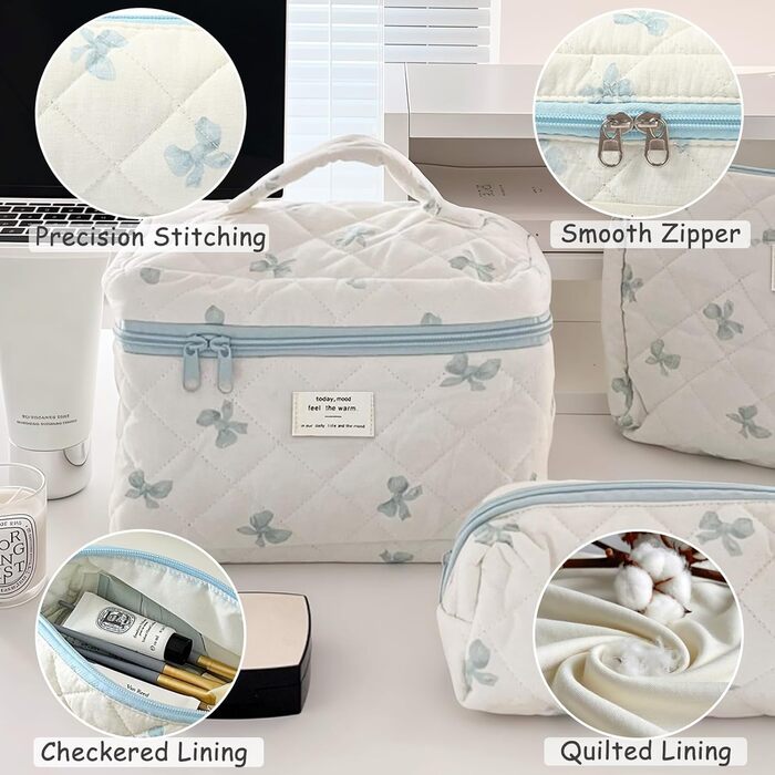 Набір косметичок 3 шт. для подорожей, дамські косметички з квітковим принтом, набір для макіяжу, косметичні сумочки для дівчат та жінок (блакитна стрічка)