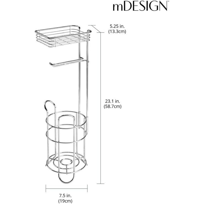Тримач для туалетного паперу mDesign з полицею, металевий підставник для рулонів у ванну кімнату, сріблястий