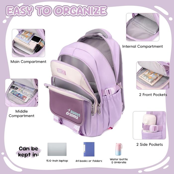 Набір шкільних рюкзаків для дівчаток: рюкзак та сумка через плече, 36л, 3-7 клас, фіолетовий