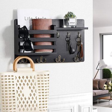 Настінна вішалка для ключів з дерев'яною поштою та полицею, ключниця на стіну, дерев'яне ключове тримач, 4 гачки, рустикальний декор для входу, передпокою, офісу, чорний