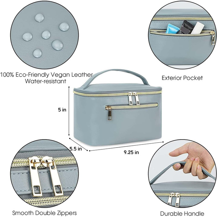 Косметичка для жінок, велика дорожня косметичка для макіяжу з відділенням для пензлів, органайзер, культурочка, з PU-шкіри, переносний мішечок для макіяжу, сіро-блакитний (патентний номер)