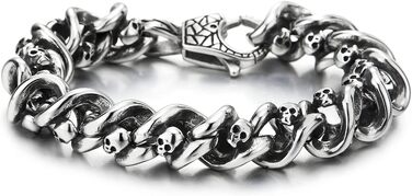 Браслет чоловічий COOLSTEELANDBEYOND з готичним черепом та ланцюгом, нержавіюча сталь, сріблястий колір