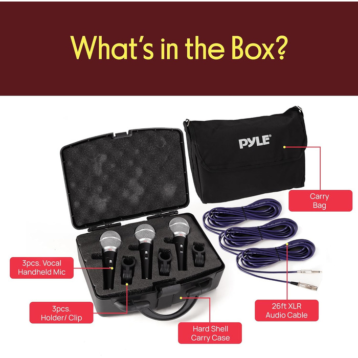 Професійний мікрофонний комплект Pyle (3 шт.) - кардіоїдний, з XLR-кабелем та кейсом