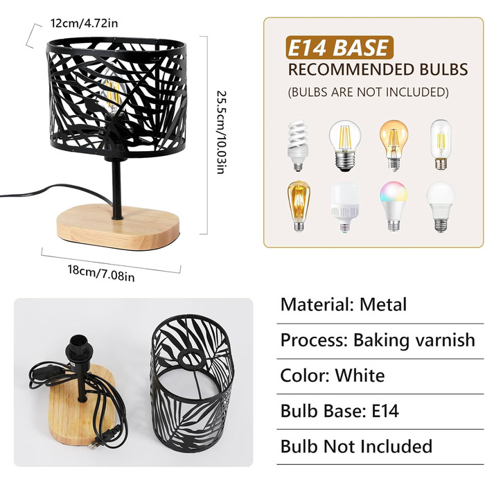 Настільна лампа дерев'яна вінтажна E14, чорна з дерев'яним цоколем та металевим абажуром, для дитячої кімнати, вітальні, спальні, бару