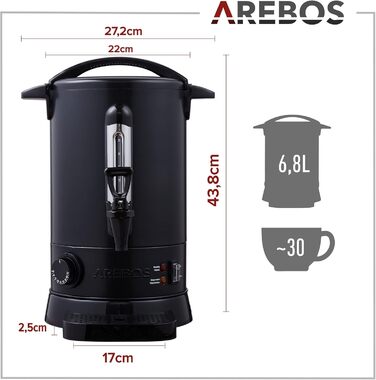 Arebos Glühwein Cooker 950 W | Hot Beverage Dispenser | 6.8 L | with Drip Tray, Tap, Thermostat, and Overheat Protection | Temperature Setting from 30-110 °C | Black