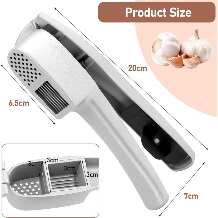 Прес для часнику з нержавіючої сталі 2-в-1, подрібнювач та шинковка часнику та імбиру, прес для часнику, ручний, легкий у чищенні, сумісний з посудомийною машиною, міцний, срібний