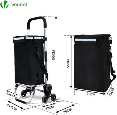 Тролей для покупок Vounot з алюмінію, для підйому сходами, складаний, з 6 колесами та відділенням для охолодження, водовідштовхувальний, 58L, чорний