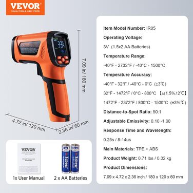 VEVOR Infrared Thermometer IR 50:1 Pyrometer -40°C to 1500°C Laser Temperature Meter 180x120x60mm Temperature Measuring Device Not a Human Body Thermometer for Cooking/Barbecue/Freezer/Industry
