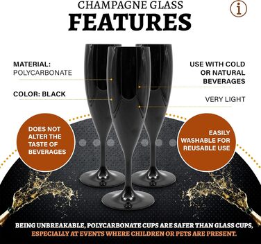 DOJA Barcelona: Набір з 6 склянок для шампанського, 60 мл, чорний полікарбонат, багаторазові | 195x68x2 мм