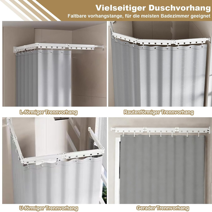 Шторка для душу з розсувною штангою без свердління, 4 секції, обертається, алюмінієвий сплав, водонепроникний антибактеріальний душ-завіса 180x200 см, для ванної кімнати та ванни (білий/сірий)