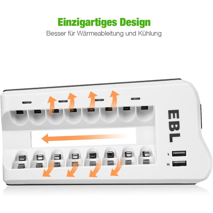 Зарядний пристрій EBL для акумуляторів AA/AAA NI-MH/NI-Cd та USB пристроїв, 8 слотів, LED дисплей, 2 USB порти (без акумуляторів)