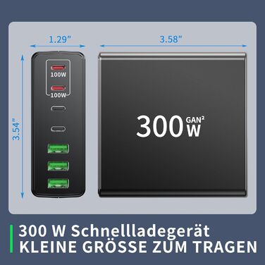 Зарядний пристрій FINIBO USB-C 300W: 7 портів (4 USB-C + 3 USB-A), швидка зарядка, Dual-PD PPS, для MacBook Pro/Air, iPad Pro/Air, Samsung (Чорний)