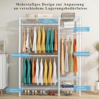 KZOBYD Clothes Rack, Freestanding Clothes Rail with Shelf Metal Wardrobe with Hanging Rods Open Closet with 4 Adjustable Shelves for Coats, Dresses, Shoes (White)