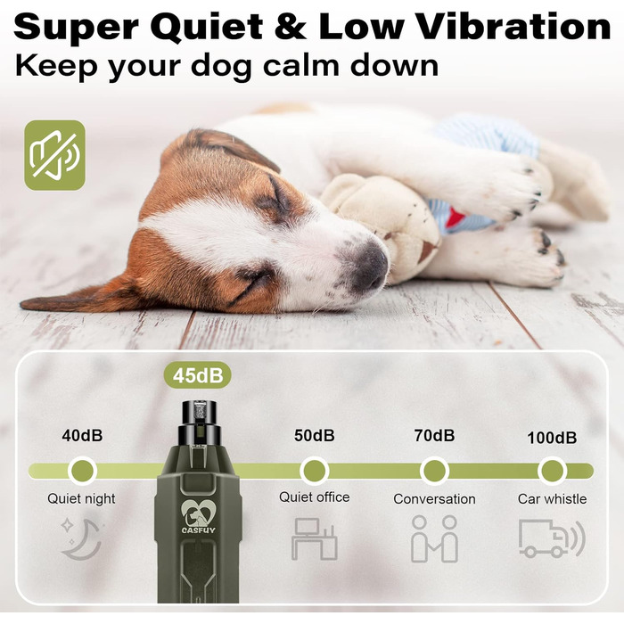 Електричний точилка для кігтів собак Casfuy 6-ступінчаста – тиха, акумуляторна, для великих, середніх та маленьких собак, армійний зелений