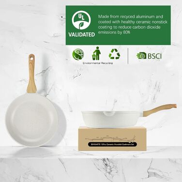 Набір посуду SENSARTE з антипригарним покриттям Ceramic, 13 предметів: каструлі та сковороди. Безпечний набір посуду з нержавіючої сталі з Cool-Touch ручками, силіконовими інструментами та захистом для дна. Без PFOA/PTFE/PFAS. Білий.