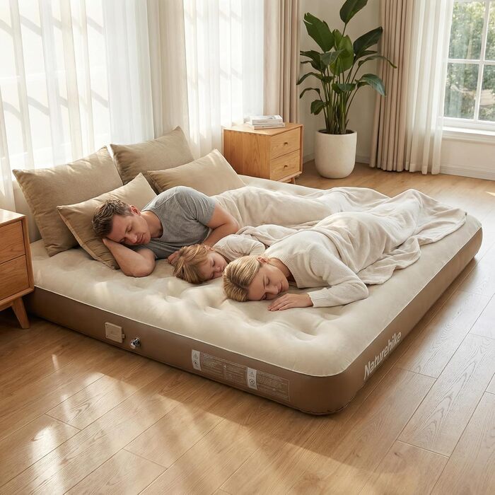 Надувний матрац Naturehike Luftbett 3 місця з насосом 200x180x25 см - для кемпінгу, дому, подорожей. Самонадувний, портативний, великий, коричневий