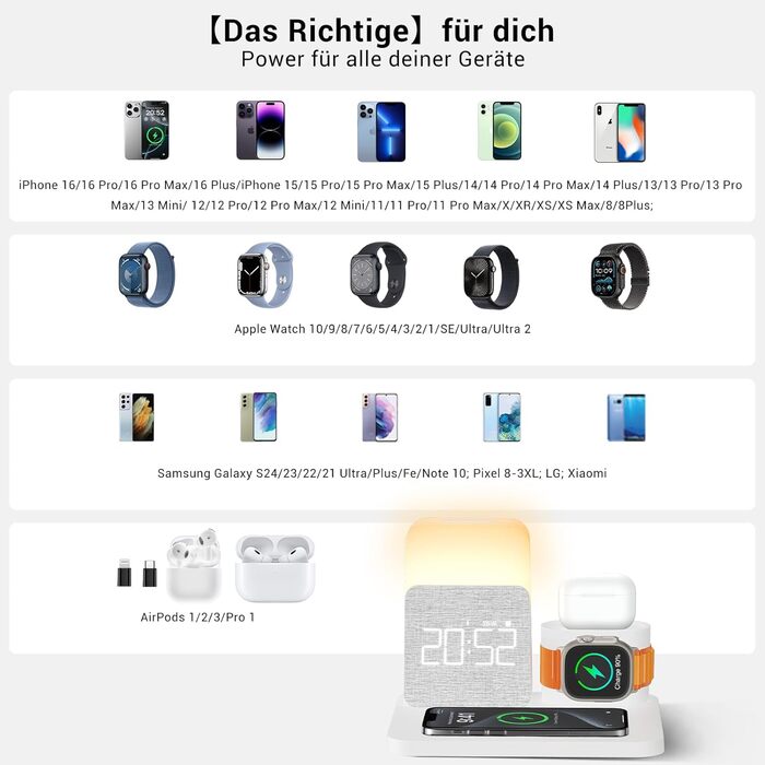 Бездротова зарядна станція COLSUR 3 в 1 для iPhone, Apple Watch, AirPods, 15W швидка зарядка, настільна лампа з годинником і зарядкою, біла