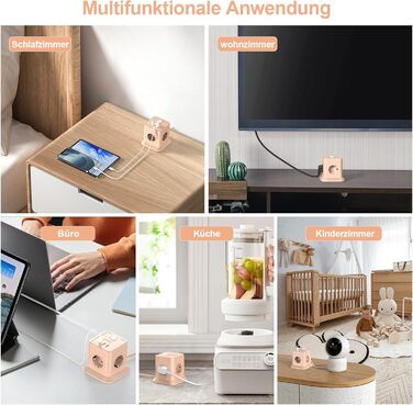 FDTEK Розетка-спінер з USB-C та USB-A, 7 розеток, 2500W/10A, з вимикачем, 1.8м кабель, рожевий