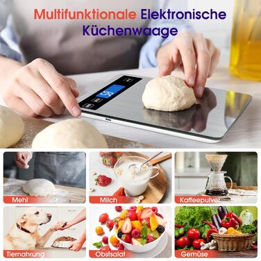 Кухонні ваги цифрові 15 кг, перезаряджувані, з LCD-дисплеєм та функцією тарування, водонепроникні, преміум-якість, чорний/білий