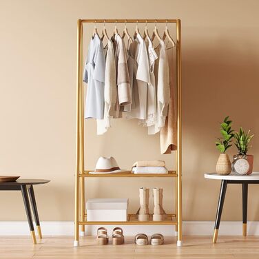 Robust metal clothes rack with double shelves for hanging clothes, freestanding and portable, 62 L x 35 W x 157.5 H cm, space-saving, gold