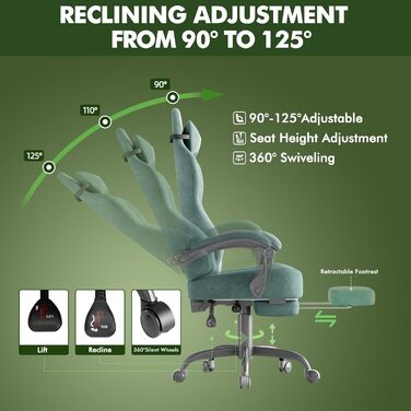 Геймерське крісло Ferghana Ergonomisch LW220: зручне крісло для комп'ютера з підголівником, підтримкою спини, підлокітниками та підставкою для ніг (зелений)