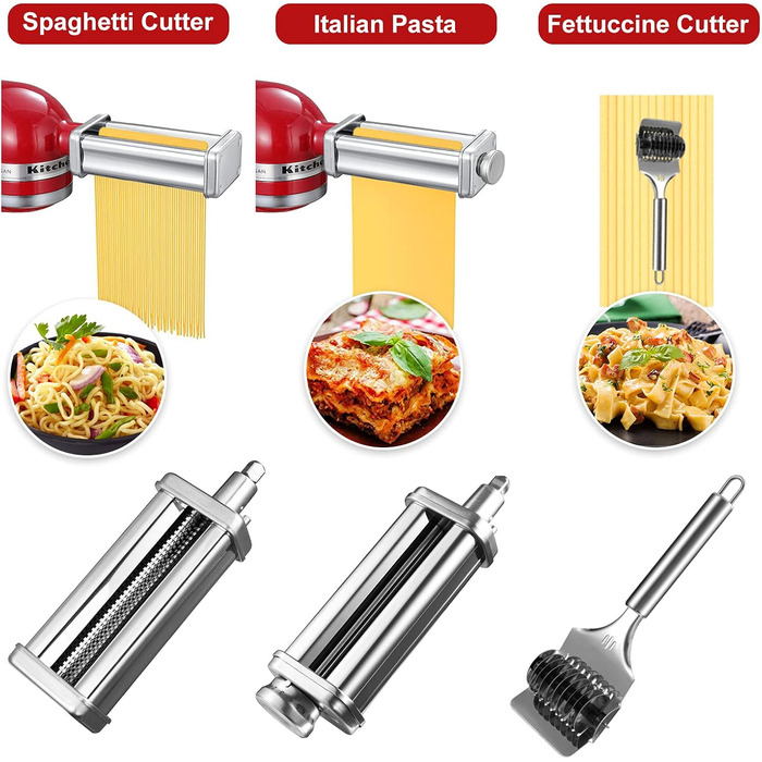 Насадка для приготування пасти Gdrtwwh для кухонного міксера KitchenAid, набір: ролик для тіста, різак для спагеті, ролик для локшини та щітка, нержавіюча сталь, ручний
