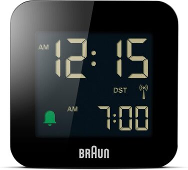 Braun Digital Travel Alarm Clock, Central European Time (CET) zone with snooze function, compact size, negative LC display, crescendo alarm in black, model BC08B-DCF.