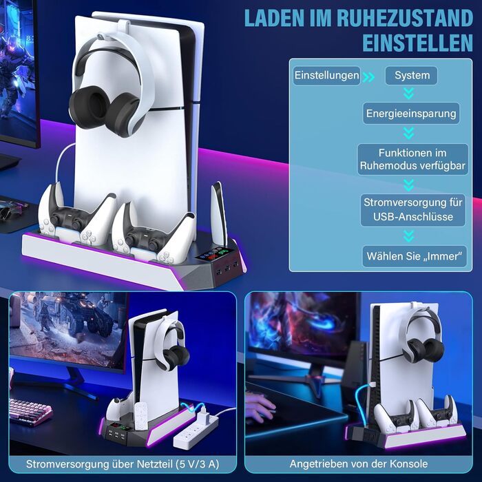 Підставка для PS5 Slim/Pro з зарядною станцією для контролера PlayStation 5 (Disc/Digital), аксесуари PS5 з RGB підсвіткою, вентилятор, тримач для навушників, USB хаб, чорно-білий, Q511