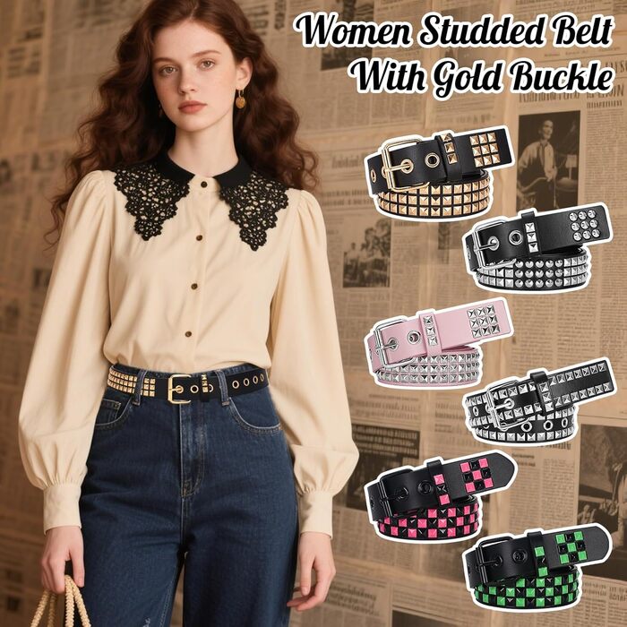 Металевий ремінь з пірсингом у стилі панк-рок для жінок та чоловіків, чорний