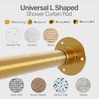 Кутова штанга для душу L-подібної форми, регульована, 90° поворот, з 12 гачками та підставкою для стелі - Золото