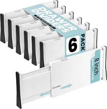 RAPTUROUS Adjustable Drawer Dividers, 8 inches high, expandable 13–22 inches, 6 pack, non-slip, for deep drawers in kitchen, bedroom, and closet (white)