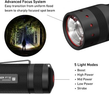 Ledlenser P7 SE LED Flashlight | Led Battery Flashlight Focusable | All-Around Light with 500 Lumens | Lamp with Advanced Focus | 320 Meter Beam Distance | 25 Hours of Run Time | Strobe Mode